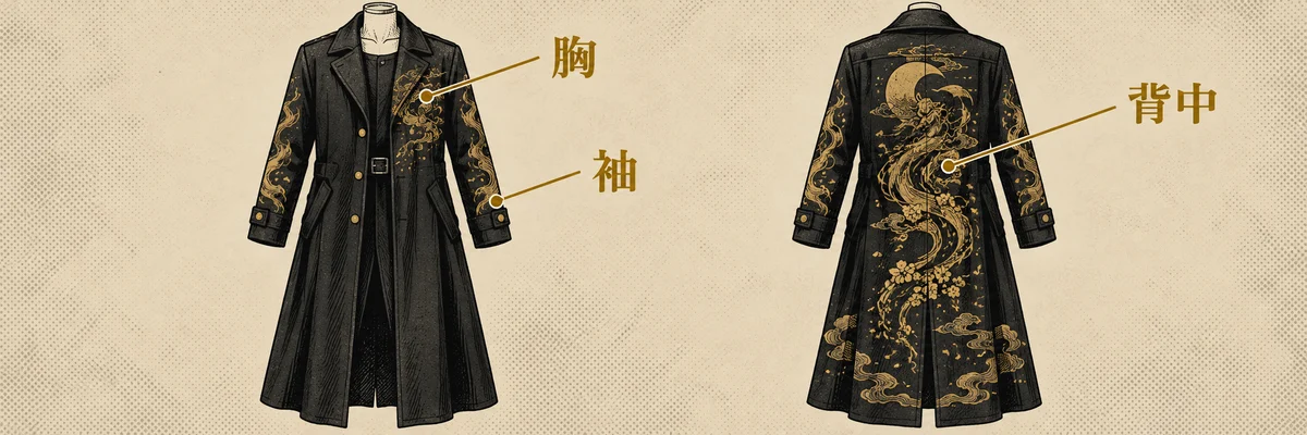 特攻服の胸・袖・背中に入る装飾の位置を前面図と背面図で示した白黒漫画調の図
