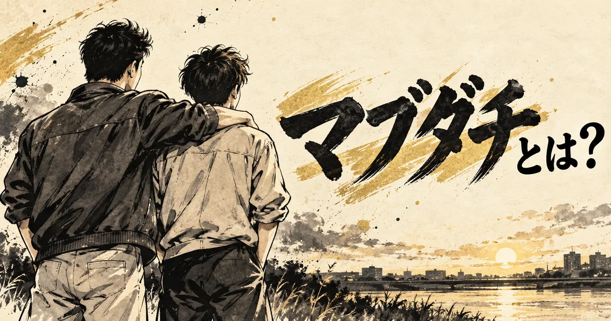 夕暮れの河川敷で肩を組む二人の友人と「マブダチとは？」の文字を描いた白黒漫画調イラスト