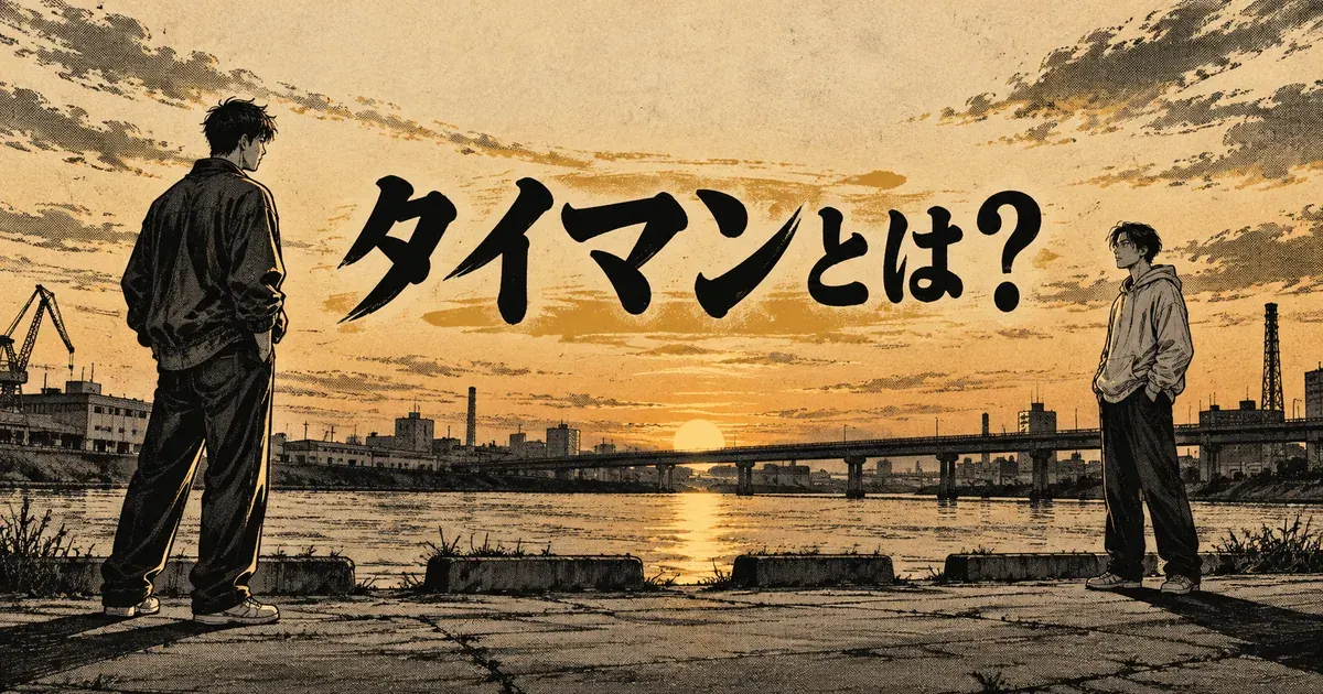 河岸で距離を置いて向かい合う二人の架空人物と『タイマンとは？』の文字を描いた白黒劇画調イラスト