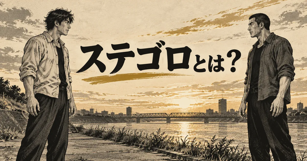 河岸で一定の距離を置いて向かい合う二人の架空人物と『ステゴロとは？』の文字を描いた白黒劇画調イラスト